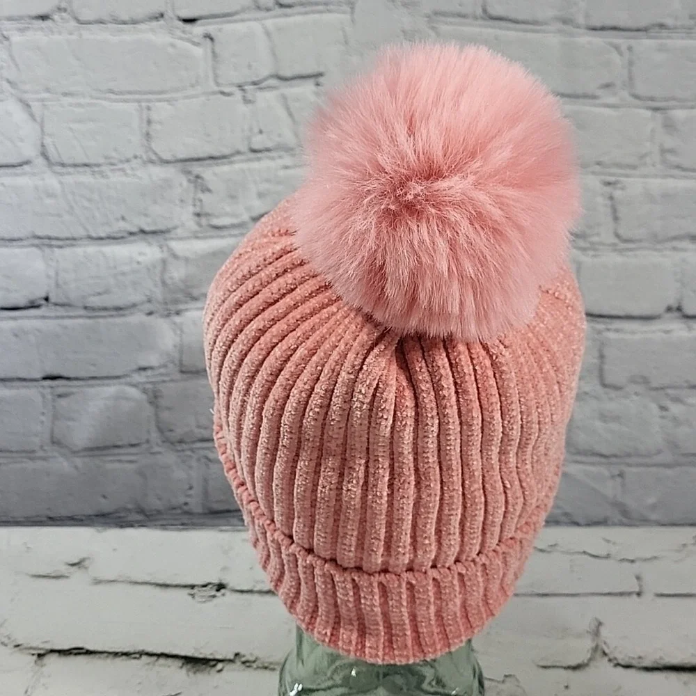 KMZ Beanie Hat Womens Blush Pink Chenille Knit Faux Fur Lined PomPom Ski Cap